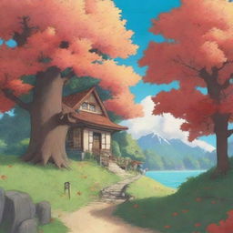 A detailed Studio Ghibli poster featuring a beautiful maple tree