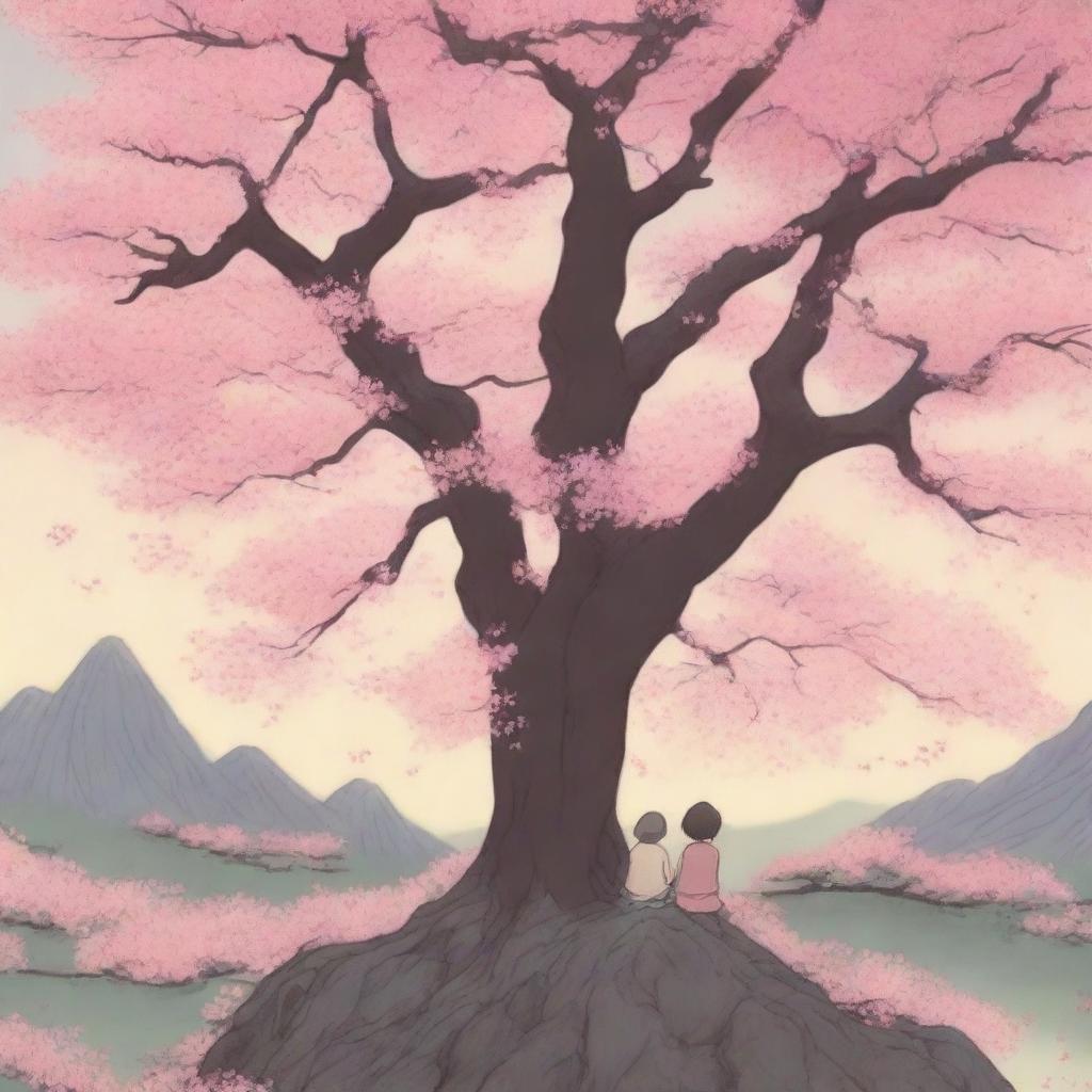 A detailed Studio Ghibli poster featuring a beautiful cherry blossom tree