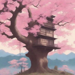 A detailed Studio Ghibli poster featuring a beautiful cherry blossom tree