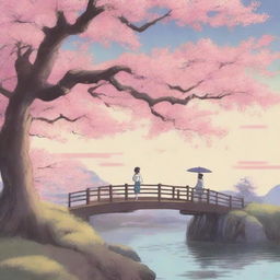 A detailed Studio Ghibli poster featuring a beautiful cherry blossom tree