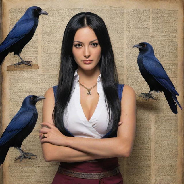 Nico Robin, an intelligent archaeologist from One Piece, elegantly poised with her raven hair and signature outfit, surrounded by historical artifacts and ancient scripts.