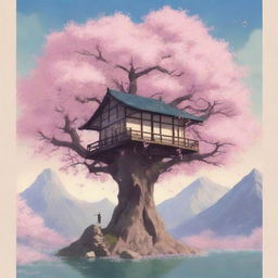 A detailed Studio Ghibli poster featuring a beautiful cherry blossom tree