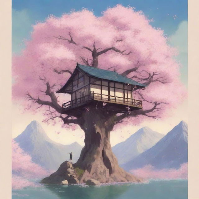 A detailed Studio Ghibli poster featuring a beautiful cherry blossom tree