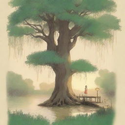 A detailed Studio Ghibli poster featuring a beautiful willow tree