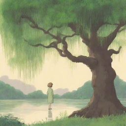 A detailed Studio Ghibli poster featuring a beautiful willow tree