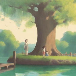 A detailed Studio Ghibli poster featuring a beautiful willow tree