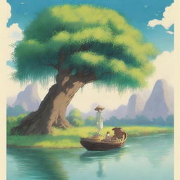 A detailed Studio Ghibli poster featuring a beautiful willow tree