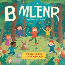 A vibrant and colorful children's book cover featuring happy children playing in a magical forest filled with friendly animals and whimsical creatures