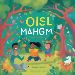 A vibrant and colorful children's book cover featuring happy children playing in a magical forest filled with friendly animals and whimsical creatures