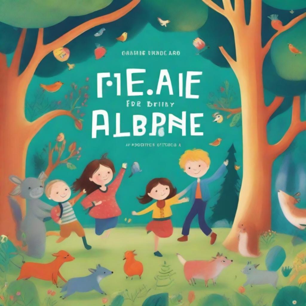 A vibrant and colorful children's book cover featuring happy children playing in a magical forest filled with friendly animals and whimsical creatures