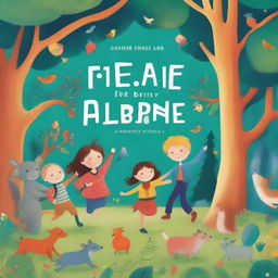 A vibrant and colorful children's book cover featuring happy children playing in a magical forest filled with friendly animals and whimsical creatures