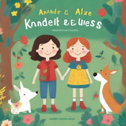 A charming and colorful book cover for a children's book titled 'Anabel and Alex's Kindness Quest'