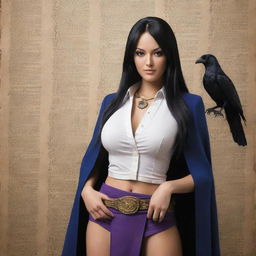 Nico Robin, an intelligent archaeologist from One Piece, elegantly poised with her raven hair and signature outfit, surrounded by historical artifacts and ancient scripts.