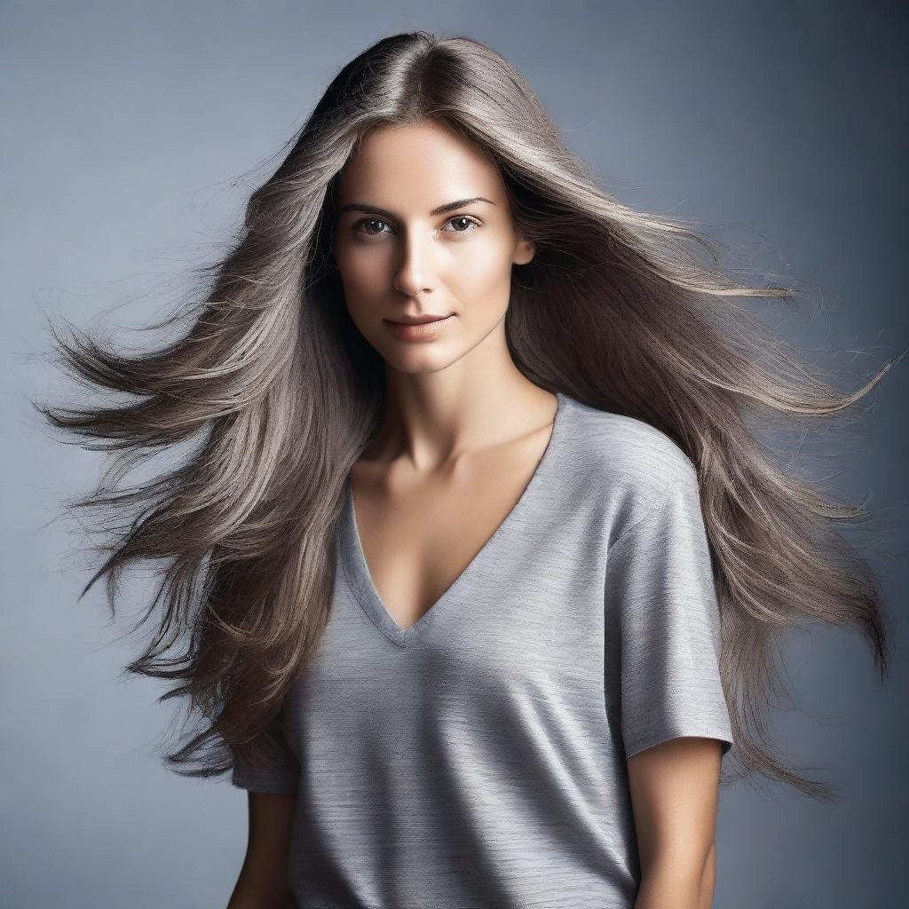 Create an image of a woman with long hair wearing a grey shirt