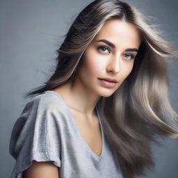 Create an image of a woman with long hair wearing a grey shirt