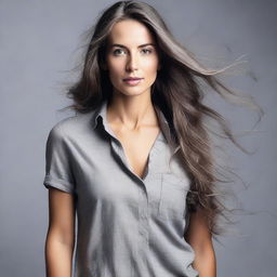 Create an image of a woman with long hair wearing a grey shirt