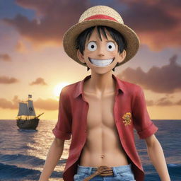 Monkey D. Luffy, the enthusiastic protagonist of One Piece, smiling wide in his signature straw hat, ready for his next big adventure on a pirate ship set against a dramatic sunset seascape.