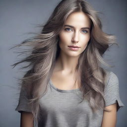 Create an image of a woman with long hair wearing a grey shirt