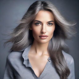 Create an image of a woman with long hair wearing a grey shirt, exuding a sexy and confident aura