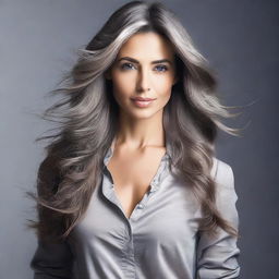 Create an image of a woman with long hair wearing a grey shirt, exuding a sexy and confident aura