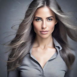 Create an image of a woman with long hair wearing a grey shirt, exuding a sexy and confident aura