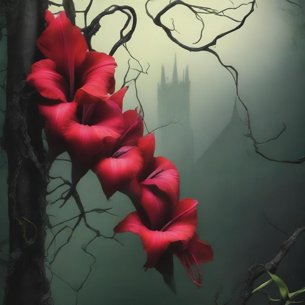 A novel cover illustration of vines strangling a gladiolus flower