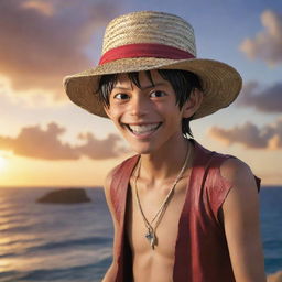 Monkey D. Luffy, the enthusiastic protagonist of One Piece, smiling wide in his signature straw hat, ready for his next big adventure on a pirate ship set against a dramatic sunset seascape.