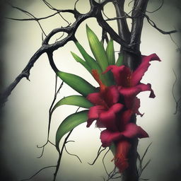 A novel cover illustration of vines strangling a gladiolus flower