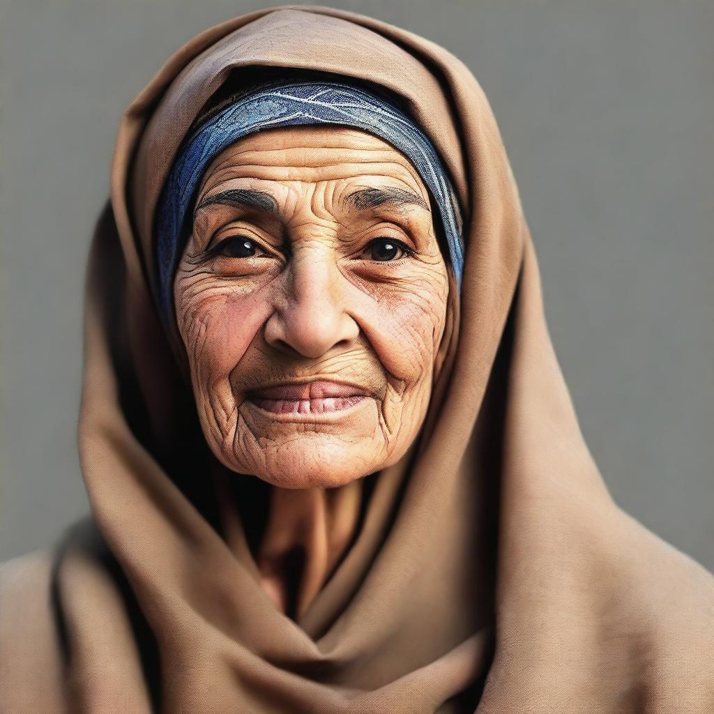 Create an image of an elderly Egyptian woman, approximately 70 years old, wearing a hijab