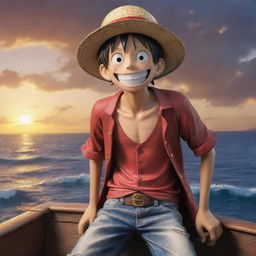 Monkey D. Luffy, the enthusiastic protagonist of One Piece, smiling wide in his signature straw hat, ready for his next big adventure on a pirate ship set against a dramatic sunset seascape.