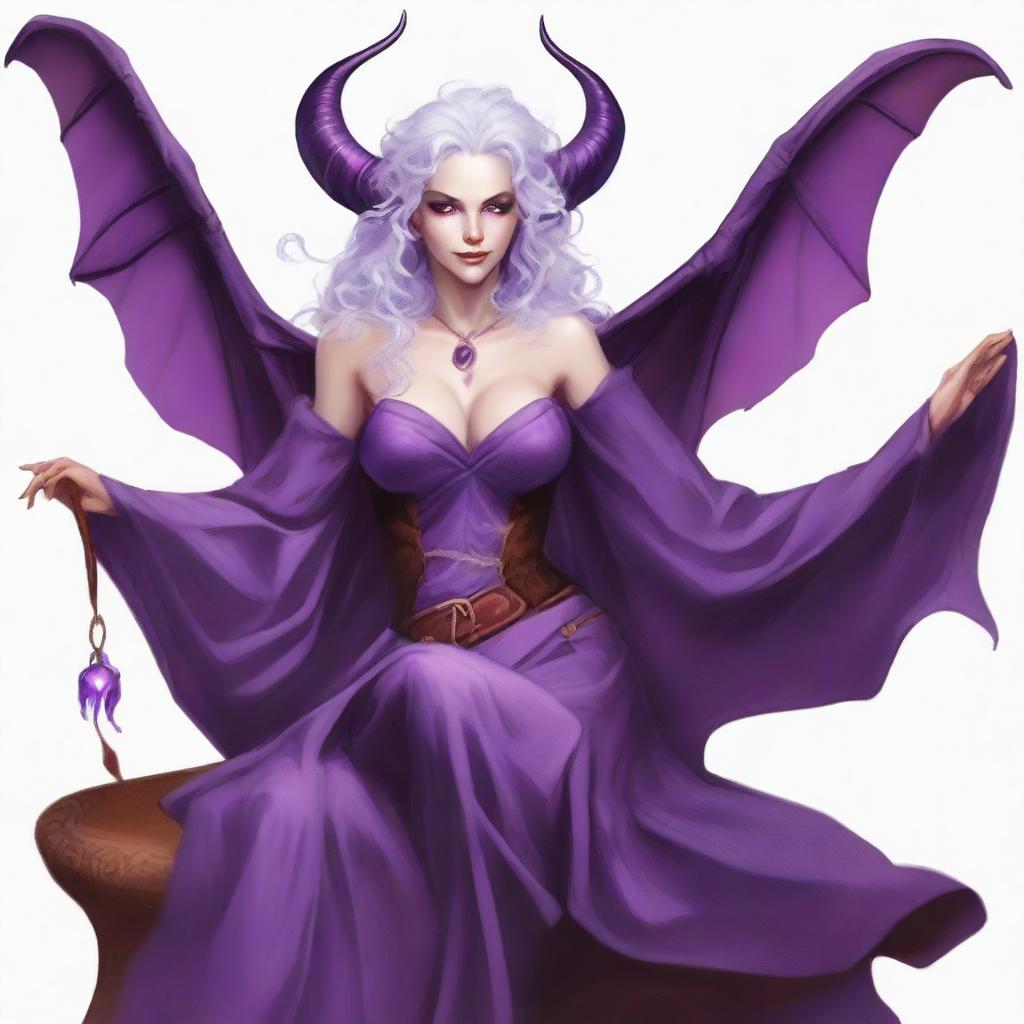 Create an image of a transfeminine Tiefling wizard/artificer with purple-hued skin