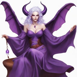 Create an image of a transfeminine Tiefling wizard/artificer with purple-hued skin