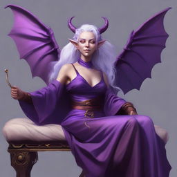 Create an image of a transfeminine Tiefling wizard/artificer with purple-hued skin