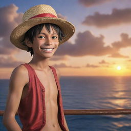 Monkey D. Luffy, the enthusiastic protagonist of One Piece, smiling wide in his signature straw hat, ready for his next big adventure on a pirate ship set against a dramatic sunset seascape.