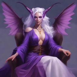 Create an image of a transfeminine Tiefling wizard/artificer with purple-hued skin