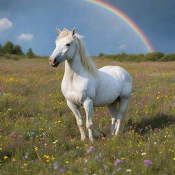 A magical unicorn frolicking in a vibrant meadow filled with wildflowers under a rainbow-streaked sky.