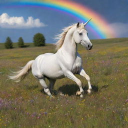 A magical unicorn frolicking in a vibrant meadow filled with wildflowers under a rainbow-streaked sky.