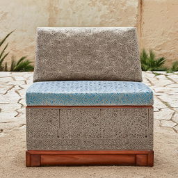 An outdoor seat fashioned with influences from emotive Arabic lines, crafted in sturdy material and studded with intricate, arabesque patterns.