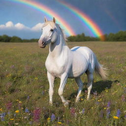 A magical unicorn frolicking in a vibrant meadow filled with wildflowers under a rainbow-streaked sky.