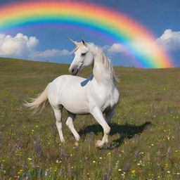 A magical unicorn frolicking in a vibrant meadow filled with wildflowers under a rainbow-streaked sky.