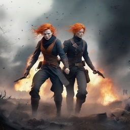 A dramatic scene of a civil war featuring two characters with bright orange hair