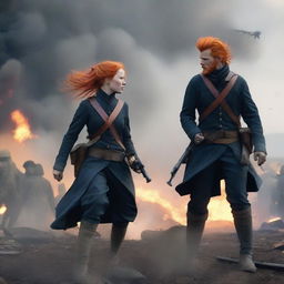 A dramatic scene of a civil war featuring two characters with bright orange hair