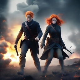 A dramatic scene of a civil war featuring two characters with bright orange hair