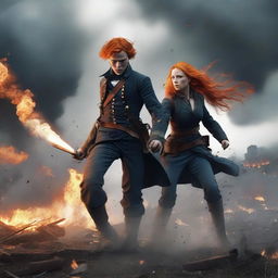 A dramatic scene of a civil war featuring two characters with bright orange hair