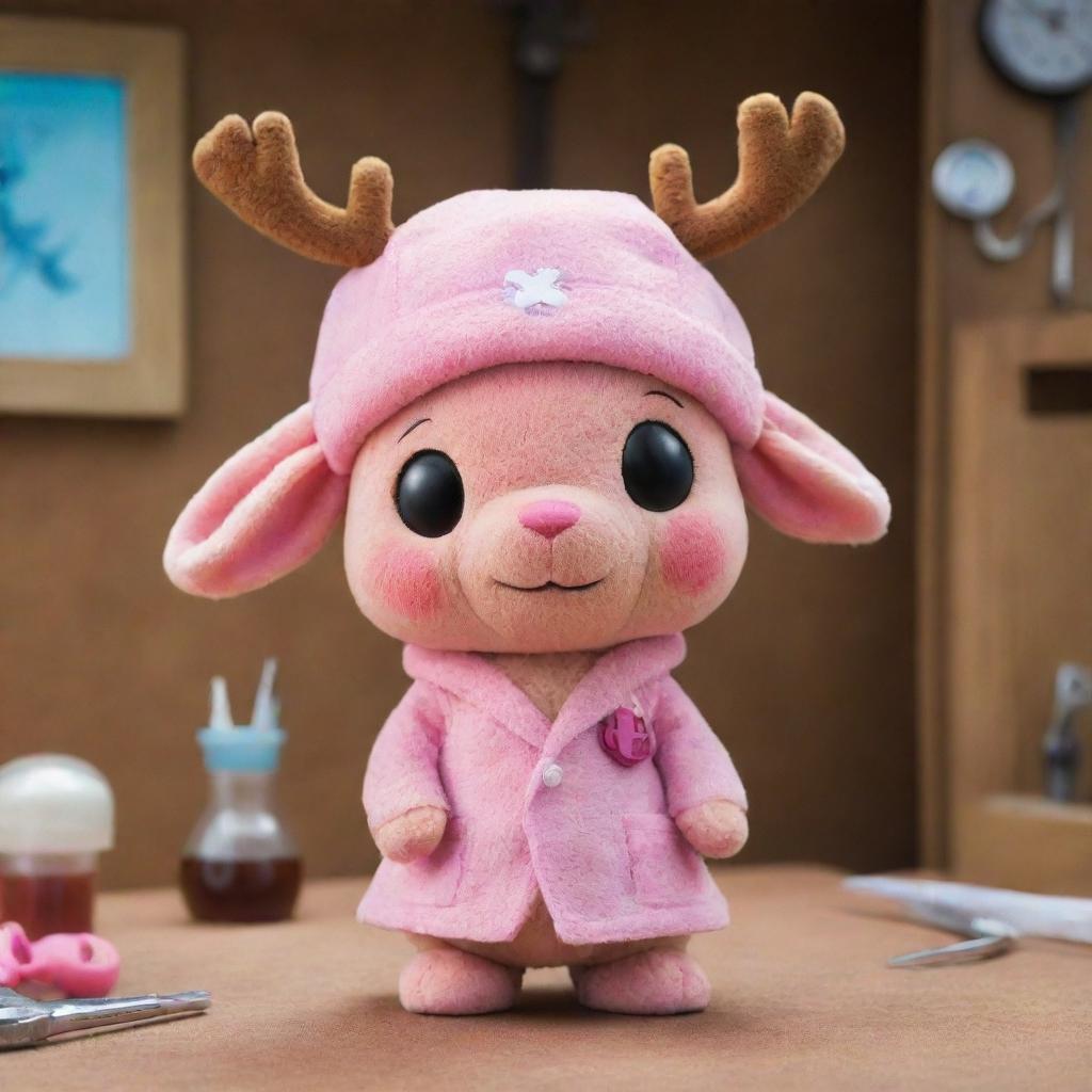 Chopper, the adorable reindeer doctor from One Piece, in his signature pink hat with the medical cross, looking curiously at a set of doctor's tools against the backdrop of a cozy medical cabin.