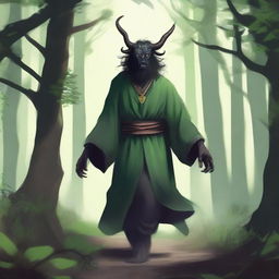 A semi-demon strolling through a serene forest, with a calm expression on their face