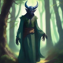 A semi-demon strolling through a serene forest, with a calm expression on their face