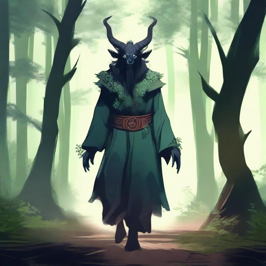 A semi-demon strolling through a serene forest, with a calm expression on their face