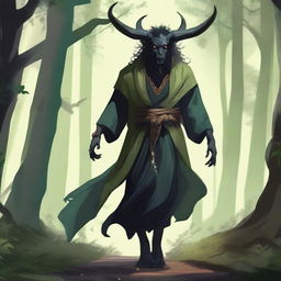 A semi-demon strolling through a serene forest, with a calm expression on their face