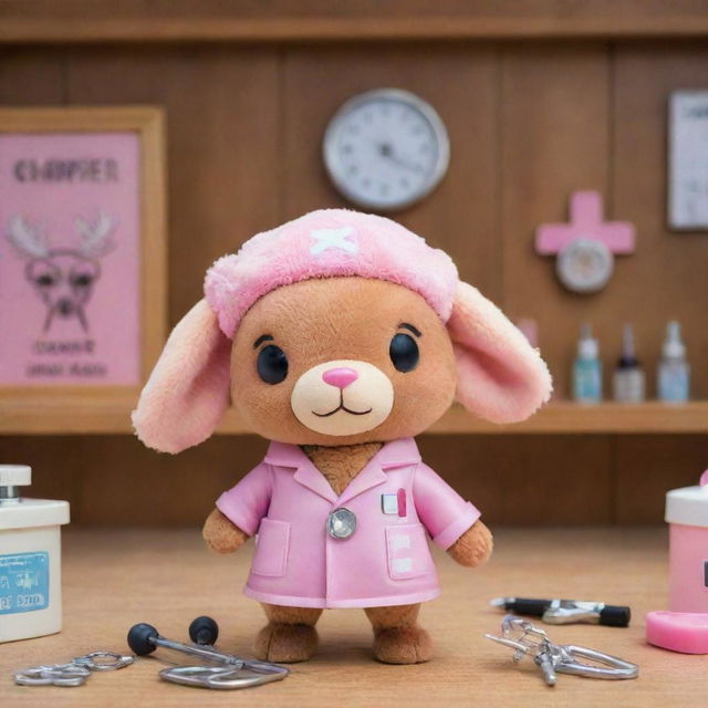 Chopper, the adorable reindeer doctor from One Piece, in his signature pink hat with the medical cross, looking curiously at a set of doctor's tools against the backdrop of a cozy medical cabin.